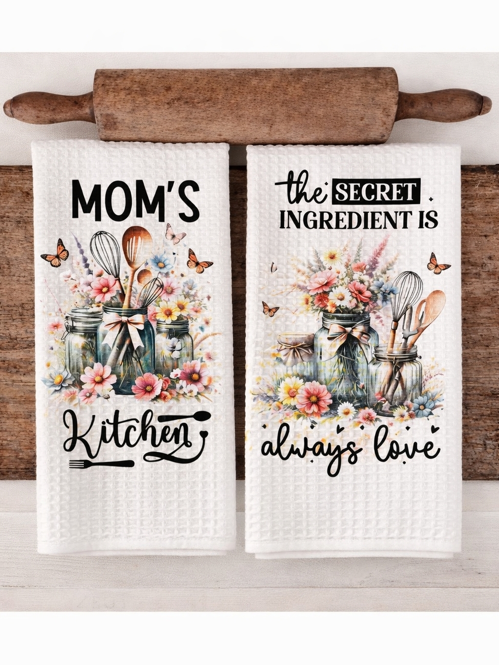 Hand Crafted Floral Mason Jar Tea Towels - White, Pink, Blue, Green, Brown